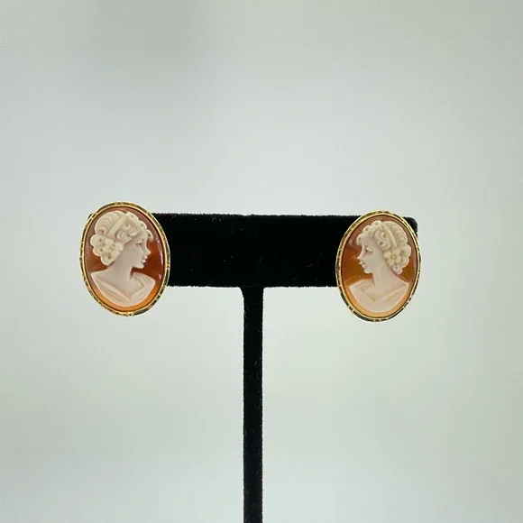 Genuine Cameo & 14K Gold Earrings, Marked 14K 585 and Italy, Hand Carved - Picture 7 of 12